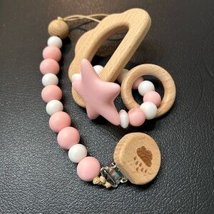 Pink Wood Silicone Baby Teething Toy Set